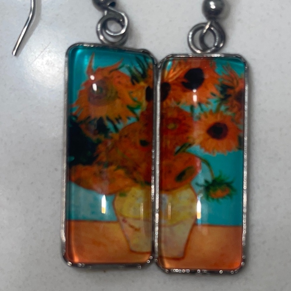 Van Gogh Sunflower Art Earrings - Picture 3 of 3